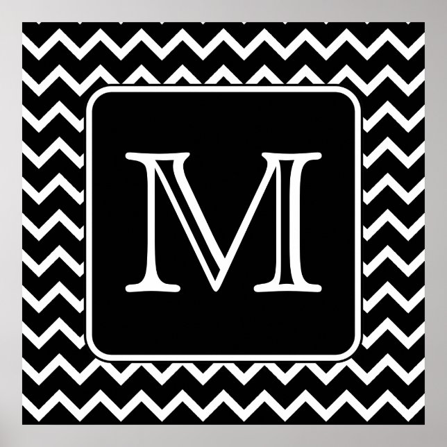 Poster Chevron noir et blanc avec Monogramme personnalisé (Devant)