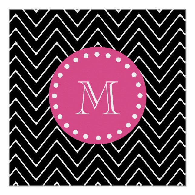 Poster Chevron rose chaud, noir et blanc | Votre monogram (Devant)