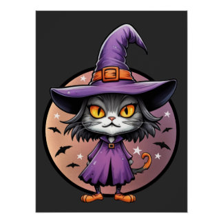 Poster Chibi Halloween sorcière chat