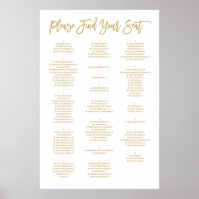 Poster Chic Hand Lettered Alphabetical Seating Chart (Devant)