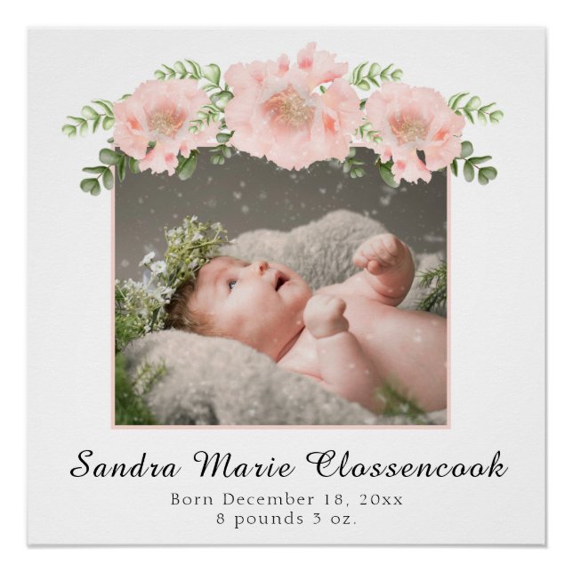 Poster Chic rose floral Nouveau bébé fille Douche ou pépi (Devant)