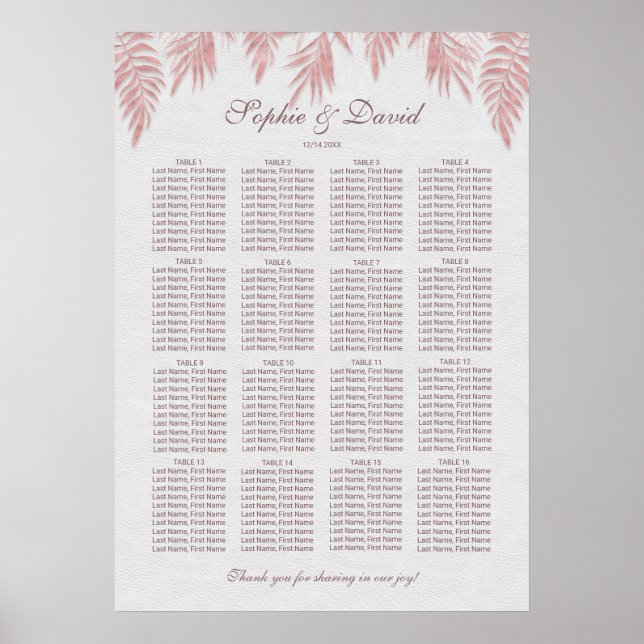 Poster Chic Rose Gold Palm Feuille Mariage Carte de siège (Devant)