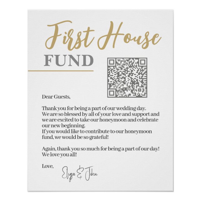 Poster Chic White & Gold Elegant QR Code First House Fund (Devant)
