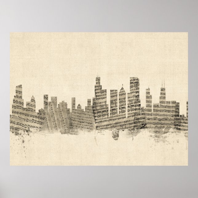 Poster Chicago Illinois Skyline Sheet Music Cityscape (Devant)