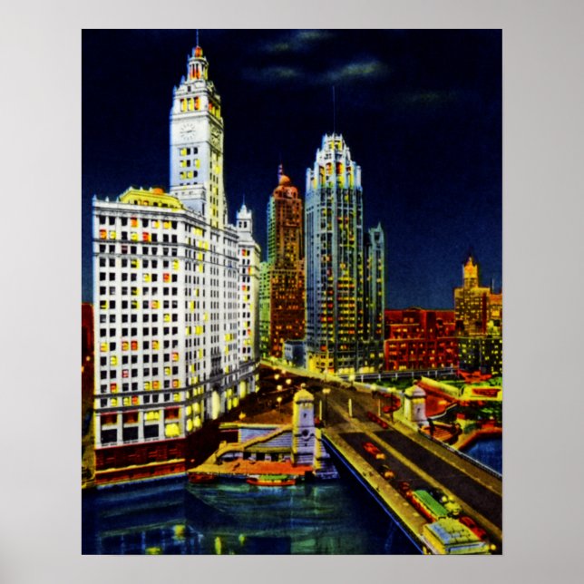 Poster Chicago Illinois Wrigley Bâtiments par nuit (Devant)