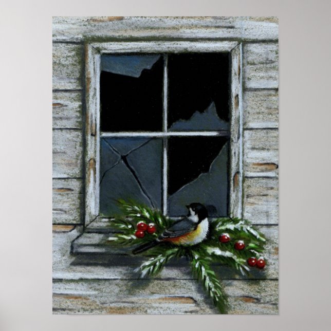 POSTER CHICKADEE : NOËL : VIEILLE FENÊTRE (Devant)