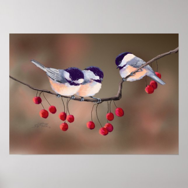 Poster CHICKADEES & BERRIES ROUGES par SHARON SHARPE (Devant)