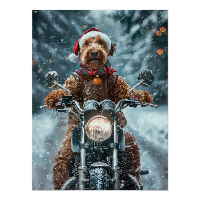 Poster Chien Airedale à moto Noël (Devant)