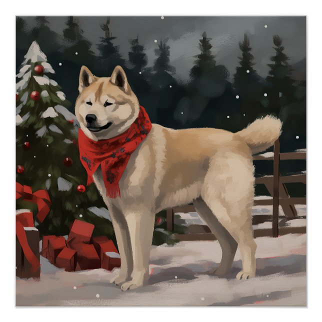 Poster Chien Akita dans la neige Noël (Devant)