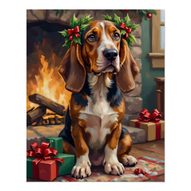 Poster Chien Basset Hound Attachant avec Couronne de Noël (Devant)