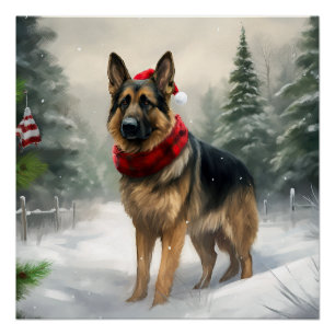 Poster Chien berger allemand en Noël de neige