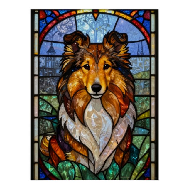 Poster Chien berger des Shetland Sheltie Art de vitrail  (Devant)