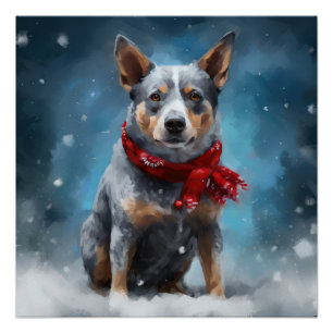 Poster Chien Blue Heeler dans la neige de Noël