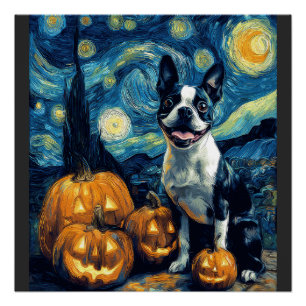 Poster Chien Boston Terrier Mignon Halloween Jack O Lante