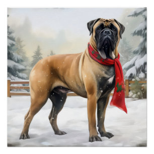 Poster Chien Bouledogue Mastiff dans la neige de Noël