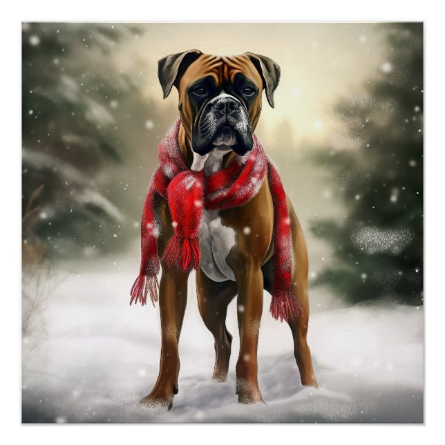 Poster Chien Boxer dans la neige de Noël (Devant)
