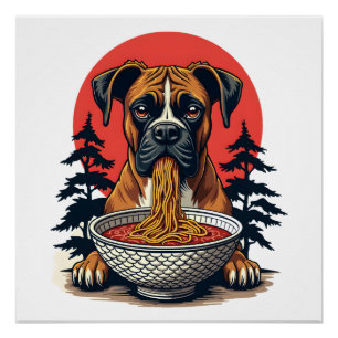 Poster Chien Boxer Vintage Mangeant des Ramen Coucher de