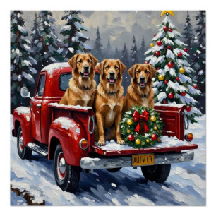 Poster Chien de berger anatolien Noël camion rouge Fêtes
