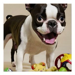 Poster Chien de Boston Terrier jouant avec des jouets