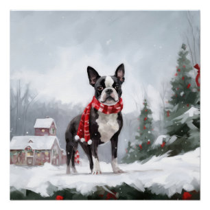 Poster Chien de Boston Terrier pendant Noël de neige