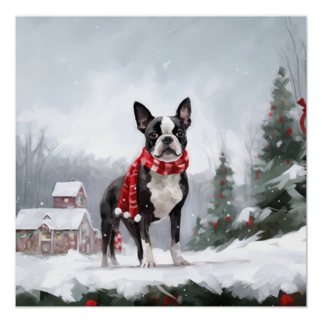 Poster Chien de Boston Terrier pendant Noël de neige (Devant)