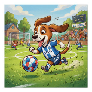 Poster Chien de dessin animé jouant au football ou soccer
