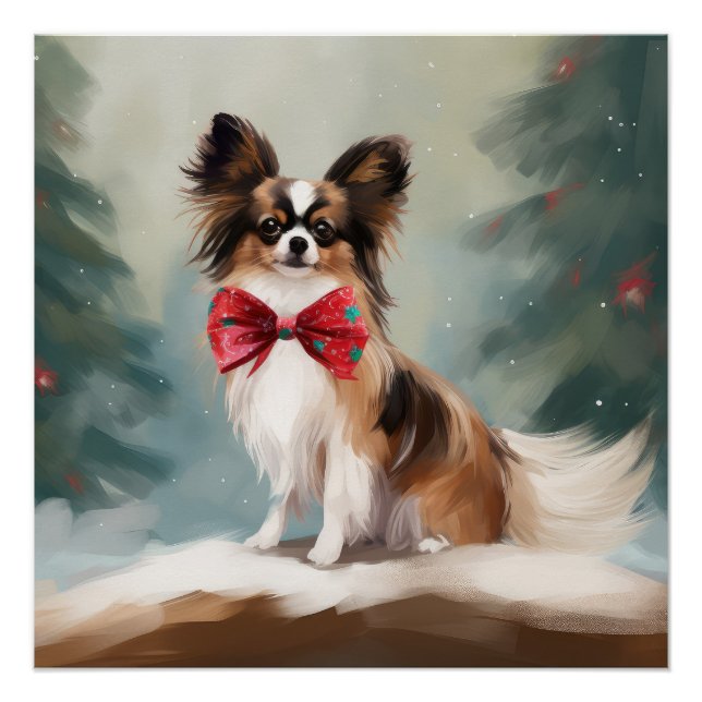 Poster Chien de Papillon à Noël de neige (Devant)