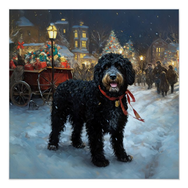Poster Chien d'eau portugais Saison festive de Noël (Devant)