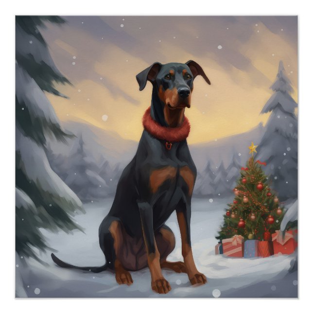 Poster Chien Doberman dans la neige de Noël (Devant)
