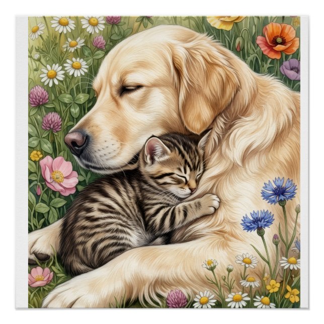Poster Chien doré mignon et chaton dans une couverture en (Devant)