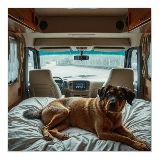 Poster Chien dormant à l'intérieur d'un camping-car cosy (Devant)