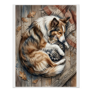 Poster Chien Endormi Et Chat Se Blottissant Confortableme