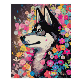 Poster Chien et fleurs de Sibérie Husky 004 - Bijou sur m