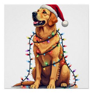 Poster Chien Golden Retriever Père Noël Noël Xmas Lumière