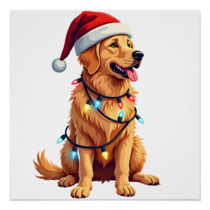 Poster Chien Golden Retriever Santa Noël Xmas Lumières (