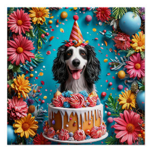 Poster Chien heureux célébrant son anniversaire avec un g