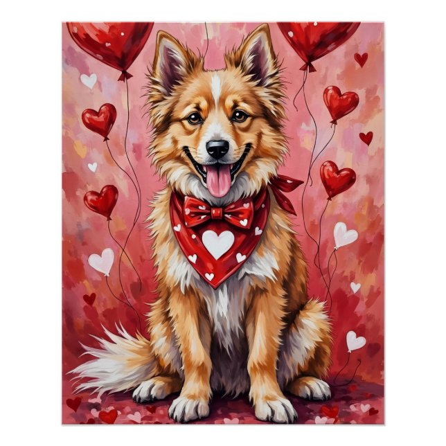 Poster Chien Keeshond de la Saint-Valentin assis avec des (Devant)