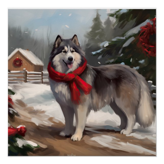 Poster Chien Malamute d'Alaska dans la neige de Noël (Devant)