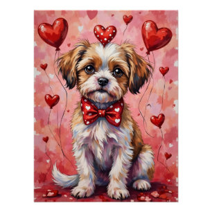 Poster Chien Malti Tzu de la Saint-Valentin assis avec de