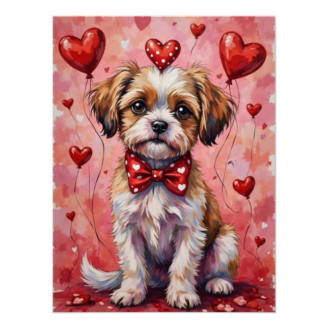 Poster Chien Malti Tzu de la Saint-Valentin assis avec de (Devant)