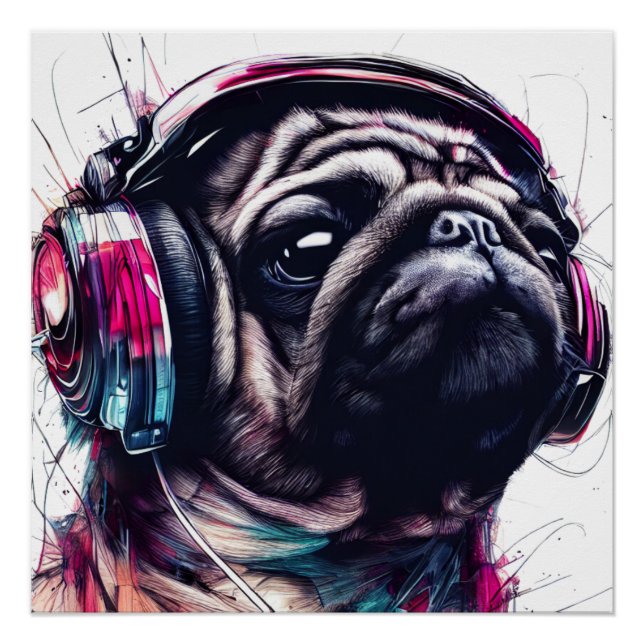 Poster Chien mignon avec casque couleur d'eau illustratio (Devant)