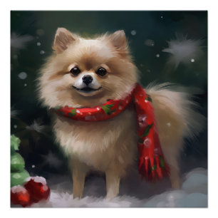 Poster Chien Poméranie dans la neige Noël