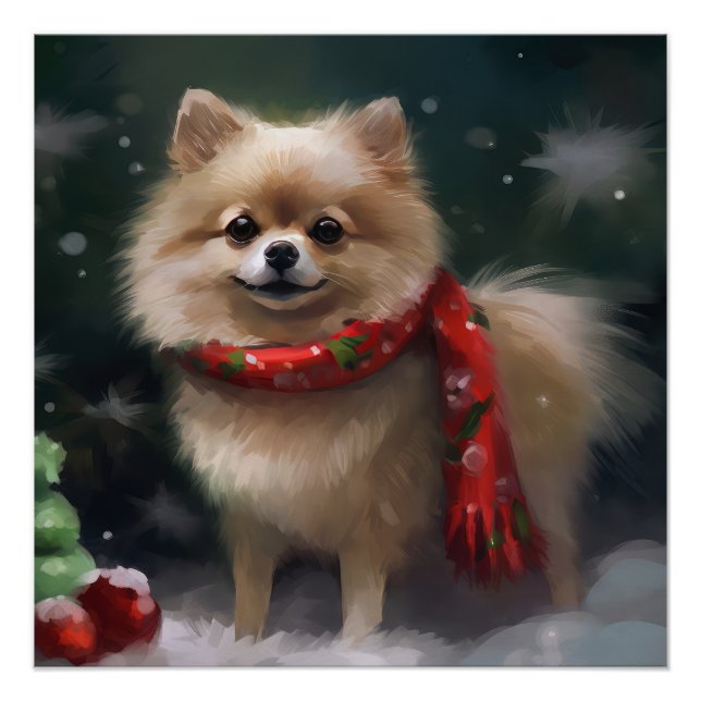 Poster Chien Poméranie dans la neige Noël (Devant)