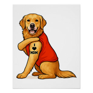 Poster Chien retriever doré drôle J'aime maman tatouage a