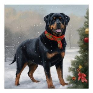 Poster Chien Rottweiler pendant Noël de neige