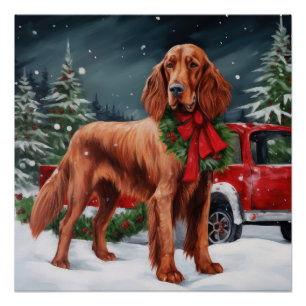 Poster Chien rouge irlandais à la neige Noël