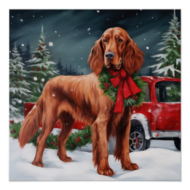 Poster Chien rouge irlandais à la neige Noël (Devant)