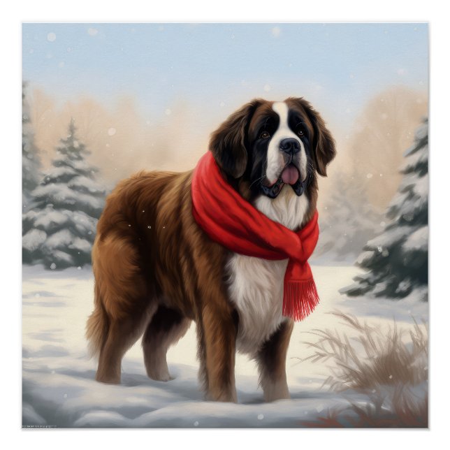 Poster Chien Saint-Bernard dans la neige de Noël (Devant)