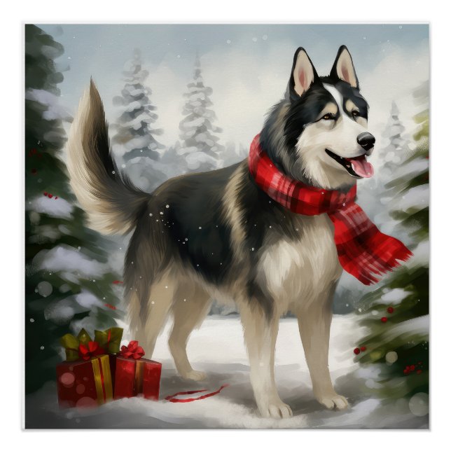 Poster Chien sibérien Husky à Noël de neige (Devant)