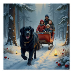 Poster Chien Terre-Neuve Noël Traîneau à Neige